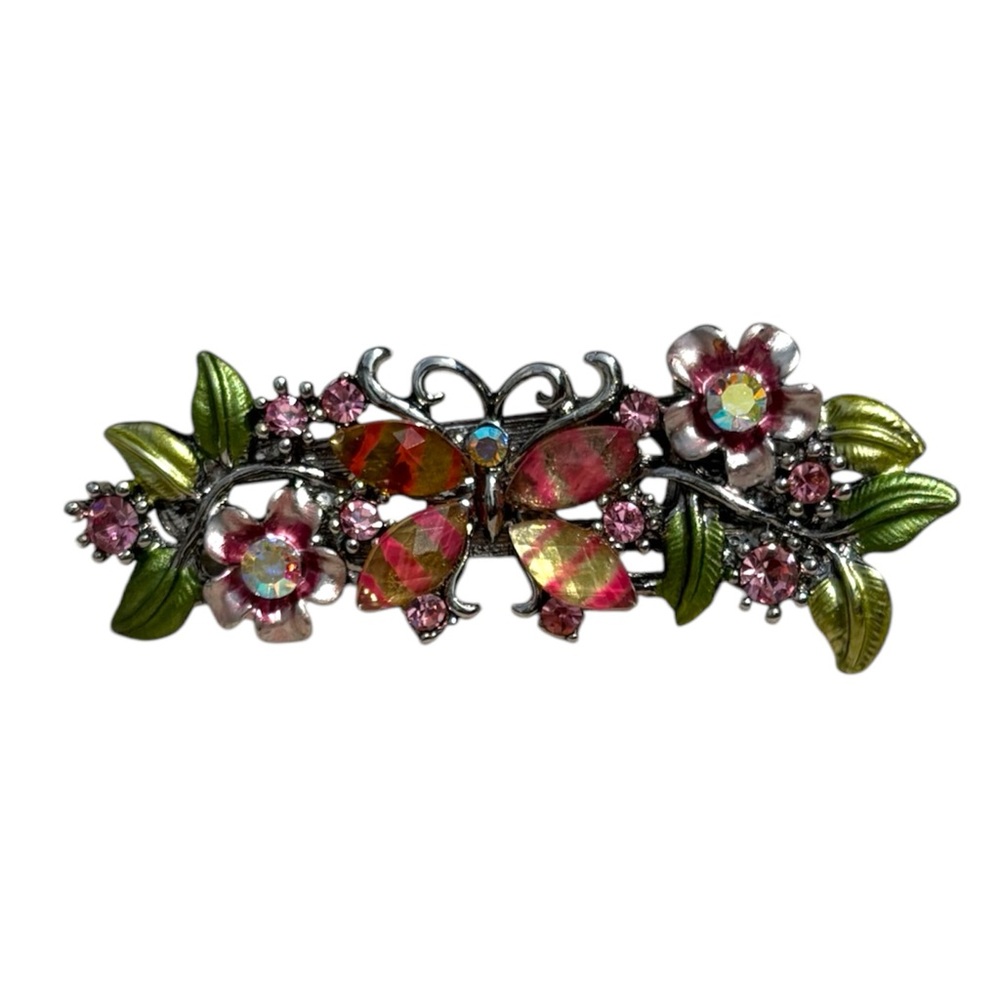 Vintage Pink Butterfly Filigree 2” Hair Clip Rhinestone Flowers Fairy Whimsical
